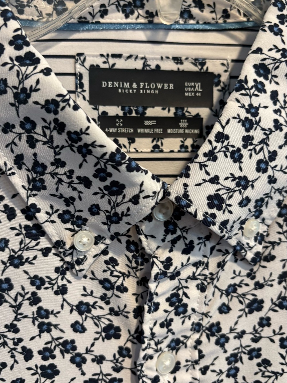 Denim & Flower White Shirt with Navy Floral Print - Button-Down. Size XL